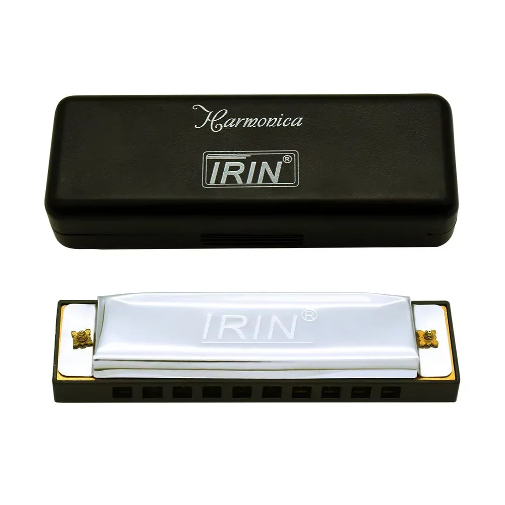 Black IRIN harmonica and its corresponding 10-hole 20-tone harmonica reed plate.