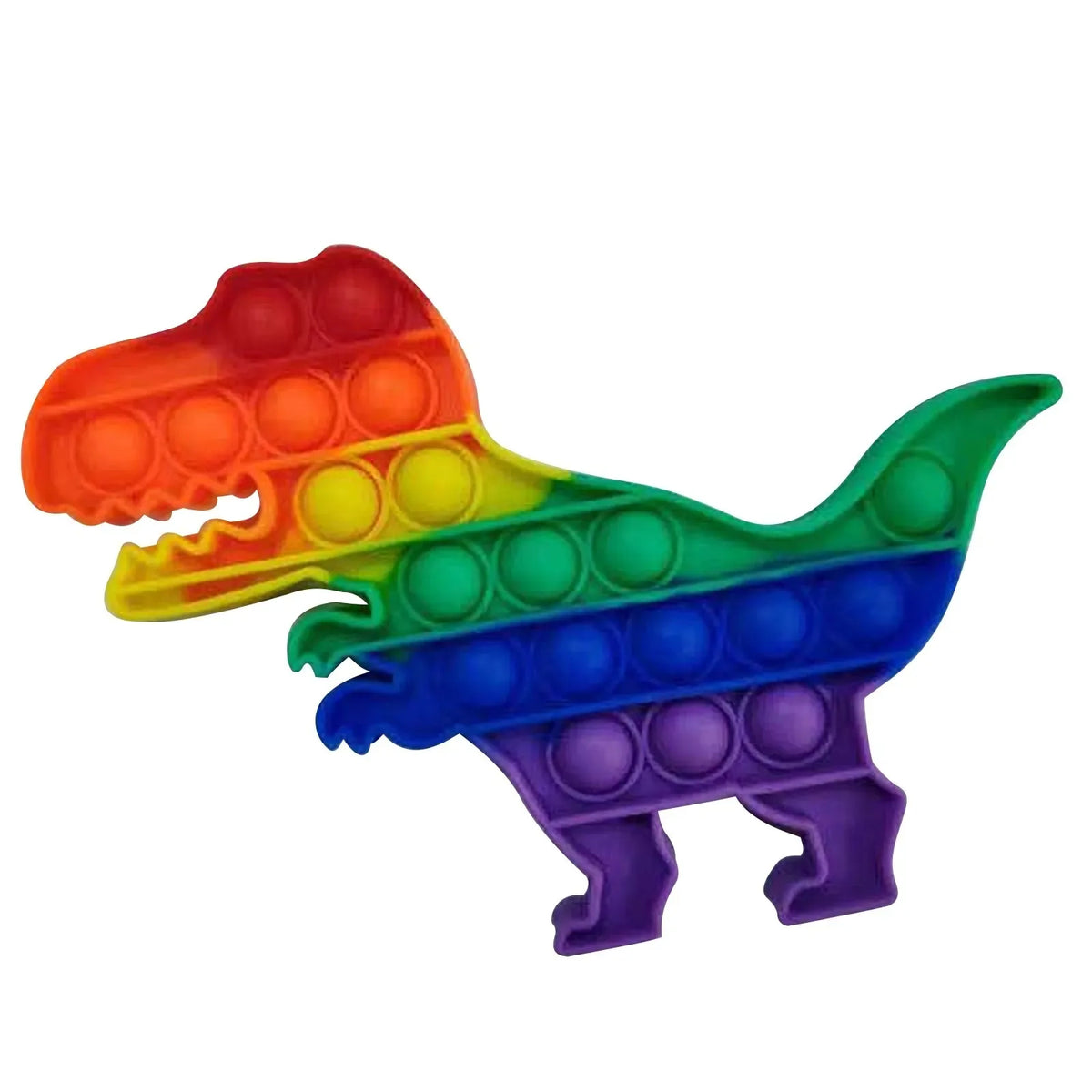 A colorful rainbow pop bubble fidget toy shaped like a dinosaur, featuring orange, yellow, green, and blue bubbles.