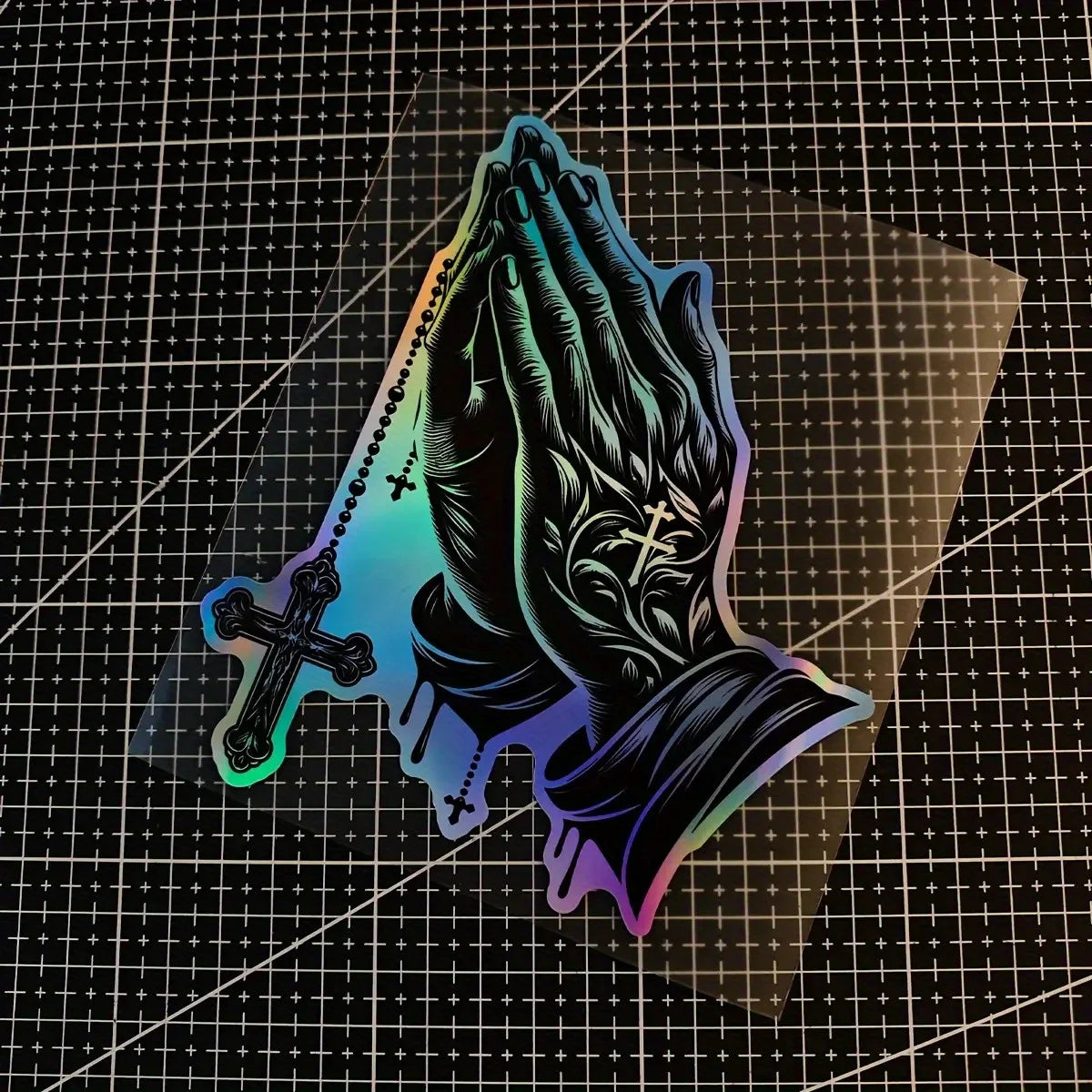 Religious Praying Hands Cross Decal – Black & Purple Gradient PVC Sticker