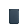 A dark blue premium leather wallet case with MagSafe compatibility.