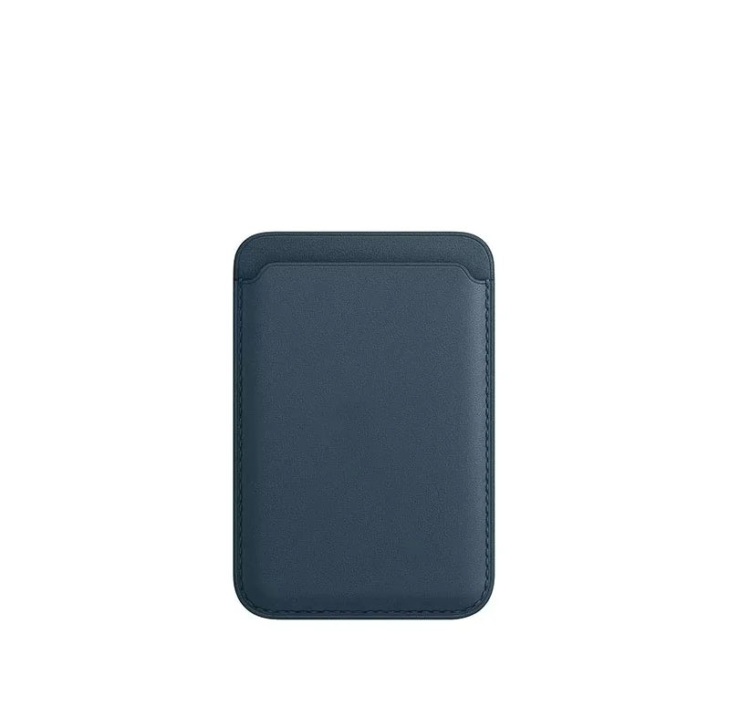 A dark blue premium leather wallet case with MagSafe compatibility.