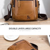 A brown genuine leather crossbody shoulder bag with a flap and multiple zippered compartments shown in display and usage cont