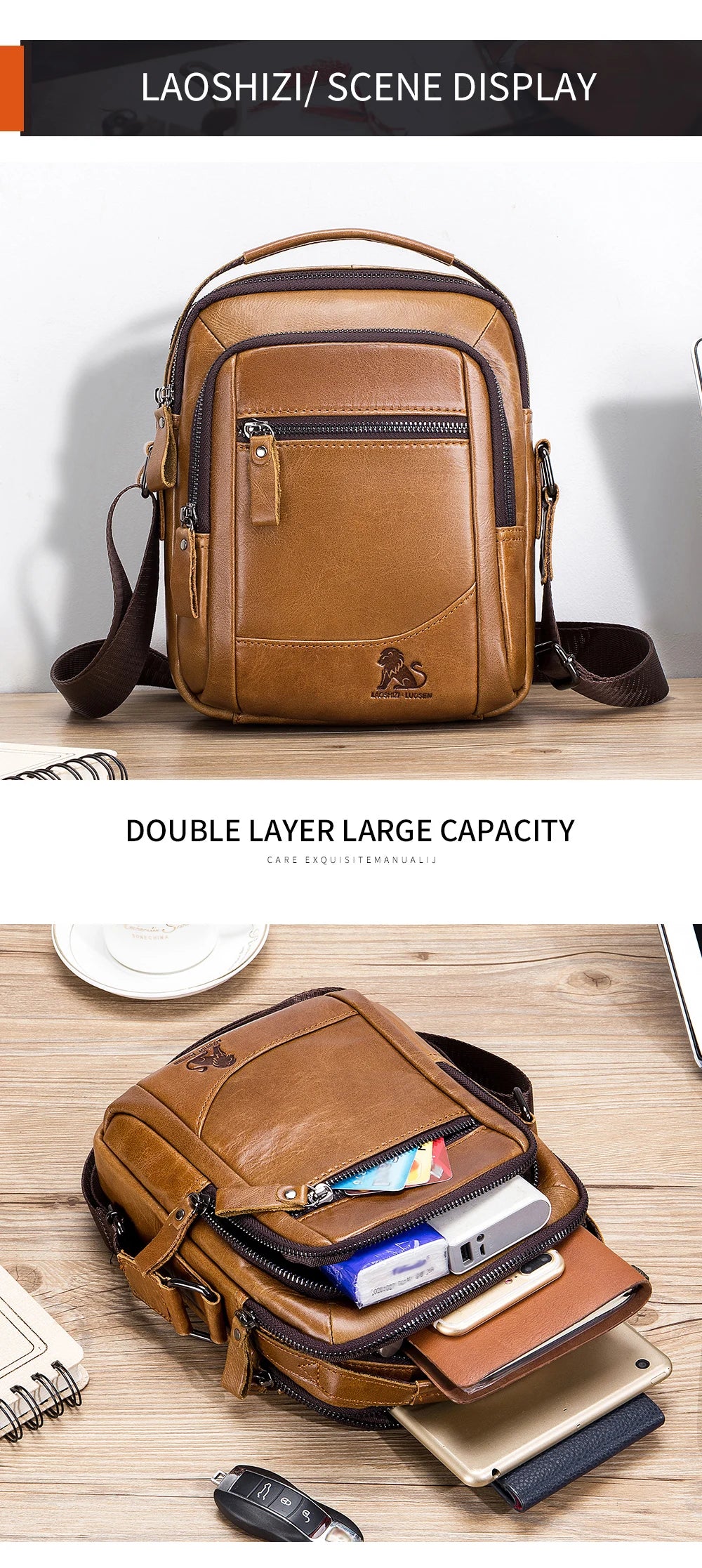 A brown genuine leather crossbody shoulder bag with a flap and multiple zippered compartments shown in display and usage cont