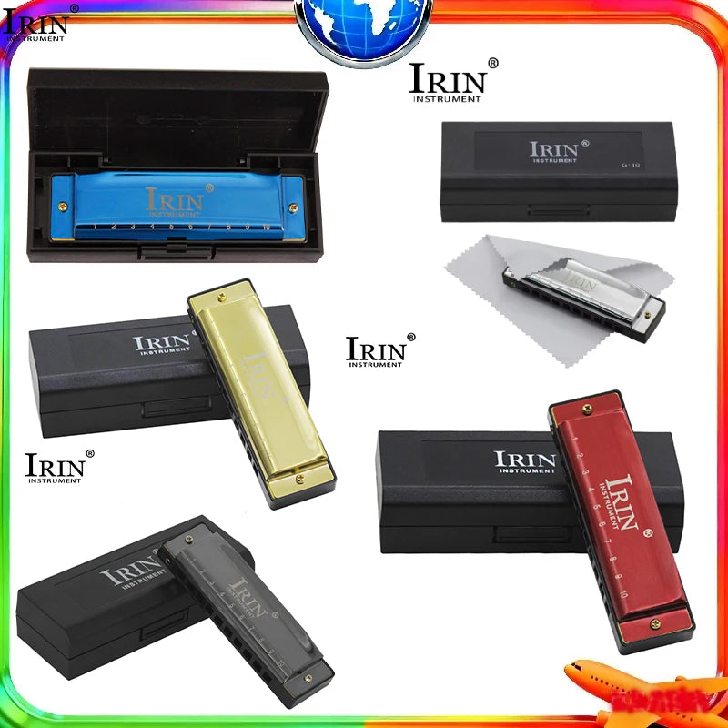 Various protective cases and a gold-colored harmonica are shown with the IRIN Instrument logo.