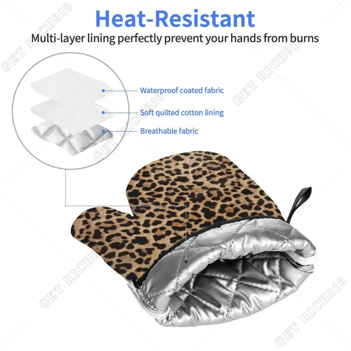 Leopard print oven gloves featuring a multi-layer lining for heat resistance and protection.