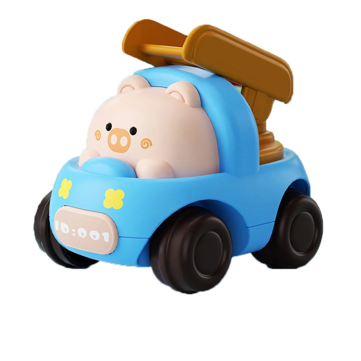 A light blue push-and-go toy car shaped like a piggy bank with a brown handle.