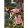 A painting depicting two women in nature, one in blue and another in pink, surrounded by greenery.