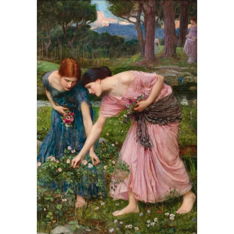 A painting depicting two women in nature, one in blue and another in pink, surrounded by greenery.