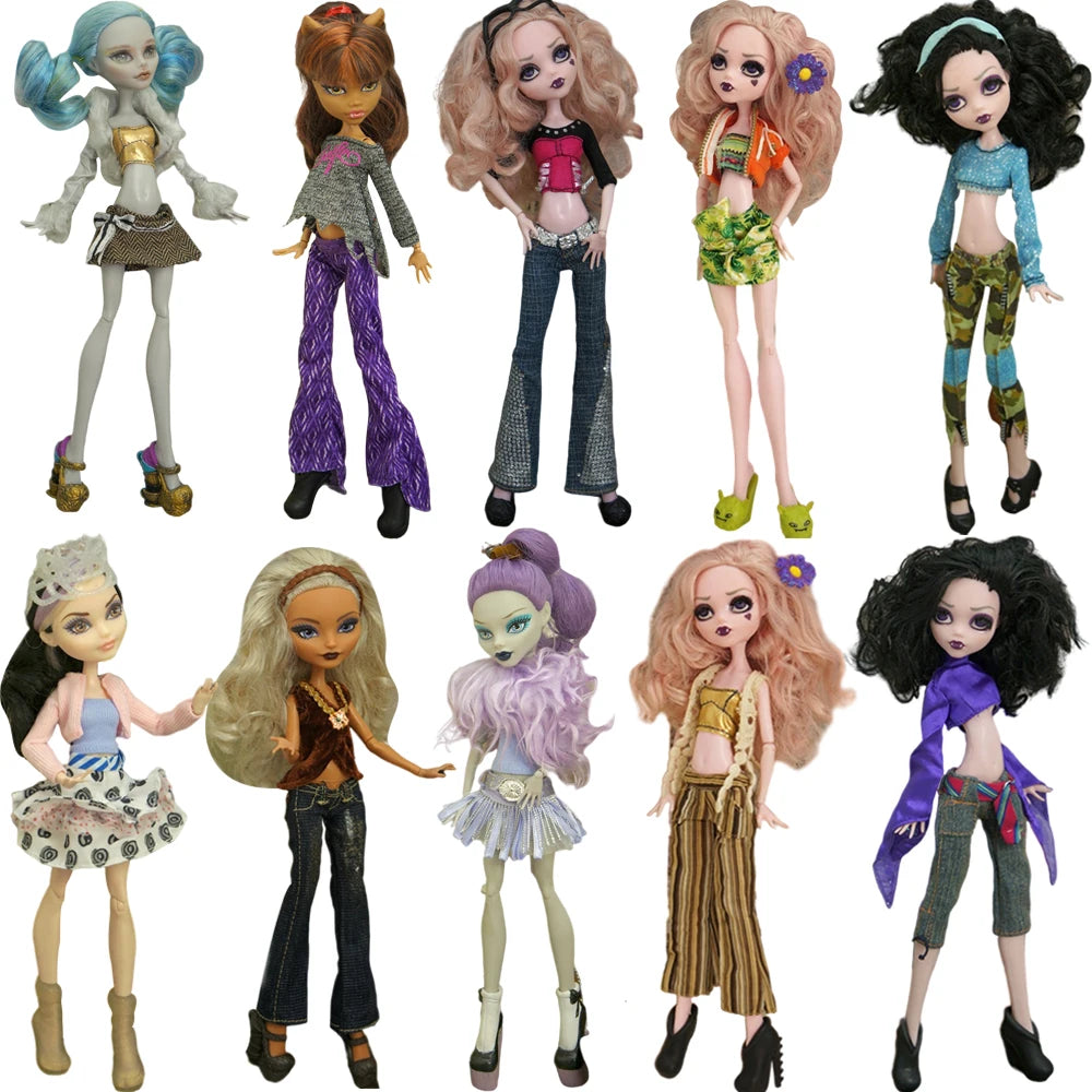 A collection of various fashion doll outfits and dresses featuring different hair colors and styles.