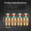 A set of four color-coded tire pressure indicator valve caps shown in various views and dimensions.