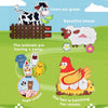 A colorful picture showing various farm animals like a cow, sheep, and hen, illustrating different activities.
