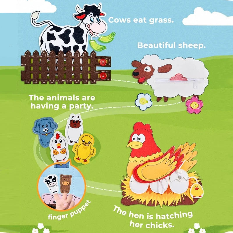 A colorful picture showing various farm animals like a cow, sheep, and hen, illustrating different activities.