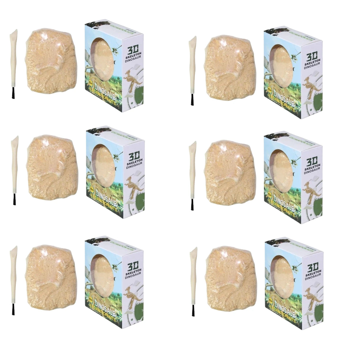 A set of dinosaur fossils and excavation tools packaged in boxes for a kids' kit.