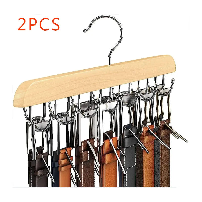 A wooden belt organizer rack with 14 metal hooks is shown, featuring multiple leather straps.
