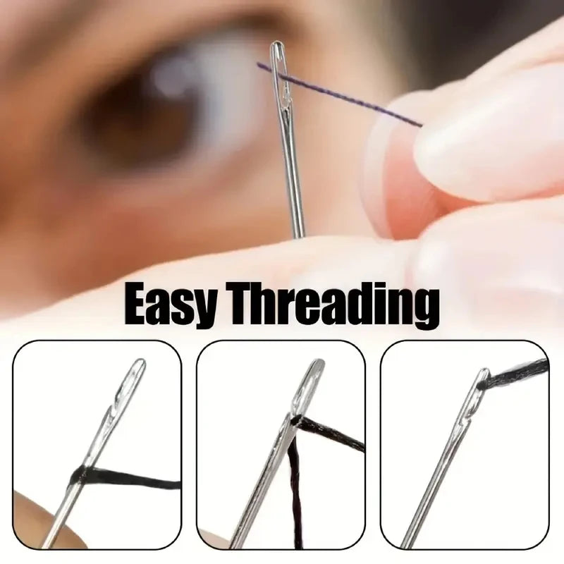 Agujas de coser de acero inoxidable con autoenhebrado y estuche de madera