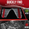 A close-up view of a red modular magnetic wrench tool organizer showing tools inside and outside the drawer.