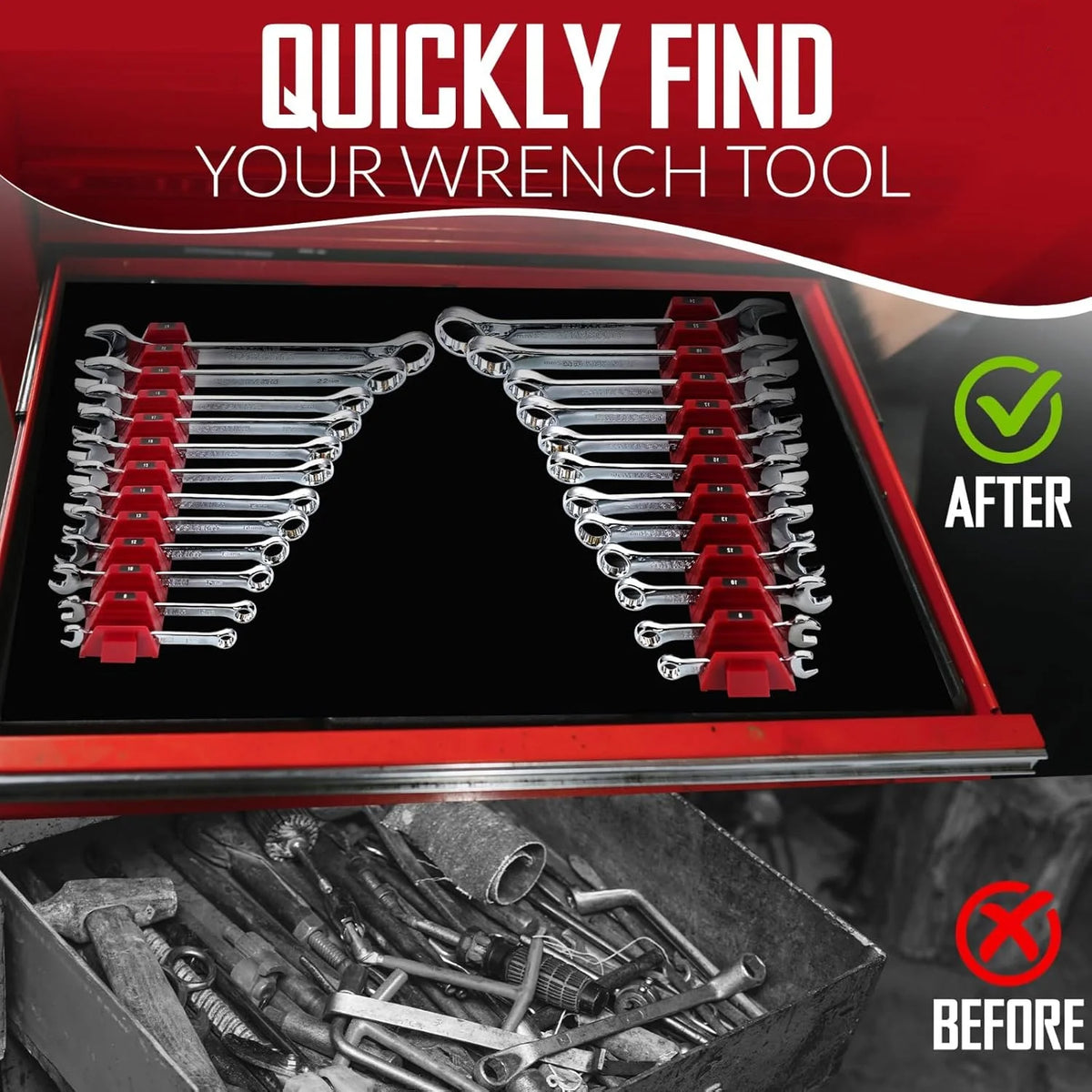 A close-up view of a red modular magnetic wrench tool organizer showing tools inside and outside the drawer.