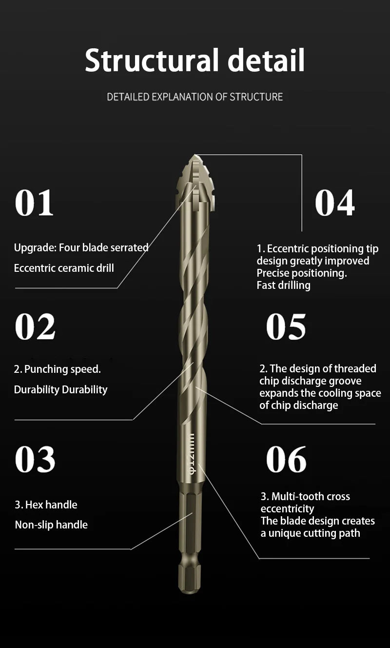 Carbide Four-Blade Serrated Drill Bit Set 6-10mm for Tile, Ceramic, and Stone