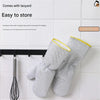 Pair of silver steel-wire dishwashing gloves with extended cuffs hanging on a rack.