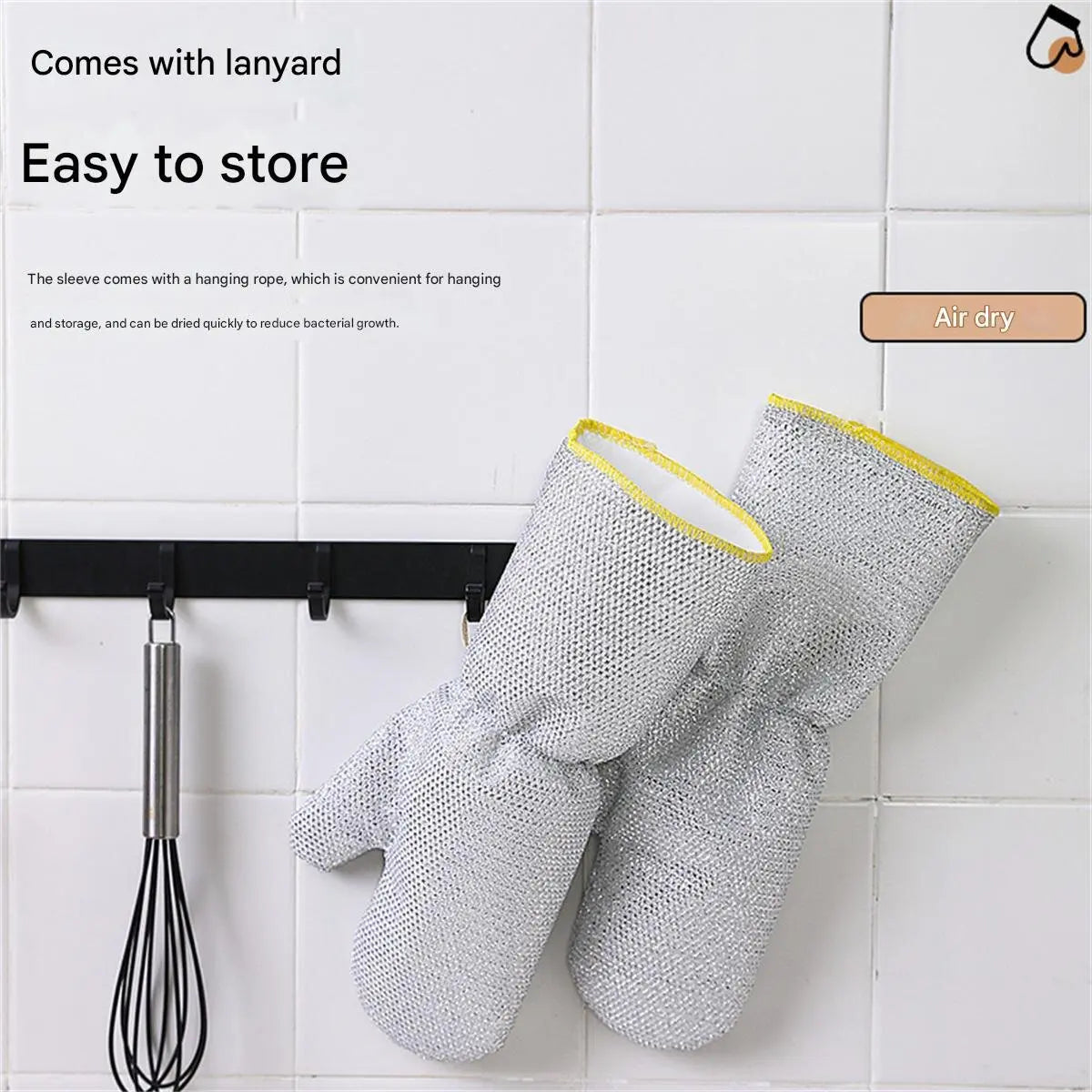 Pair of silver steel-wire dishwashing gloves with extended cuffs hanging on a rack.