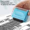 A hand is pressing a blue roller identity protection seal onto a document for privacy and confidentiality.
