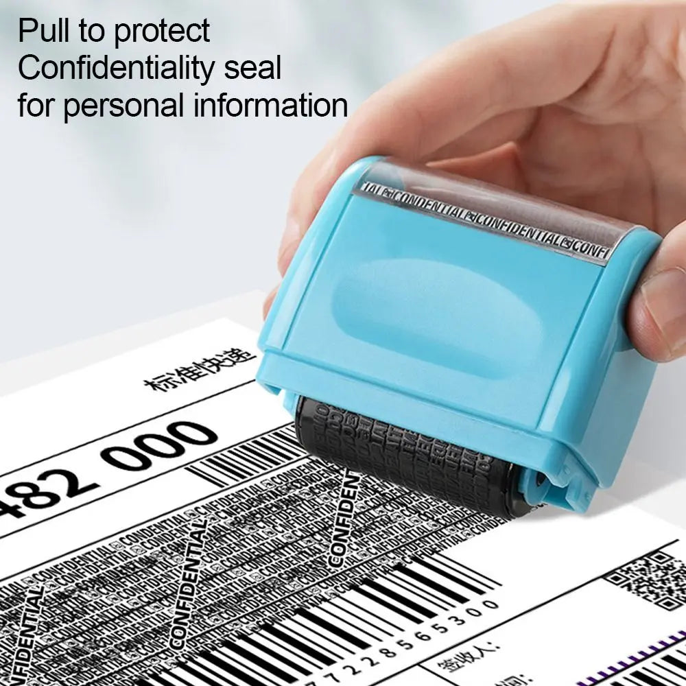 A hand is pressing a blue roller identity protection seal onto a document for privacy and confidentiality.