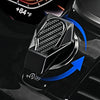 A close-up view of a black metal button cover and engine switch decal for a car interior.