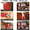 A set of tools for installing faucets and sinks, including faucet nuts, shut off valves, strainer baskets, and supply line nu