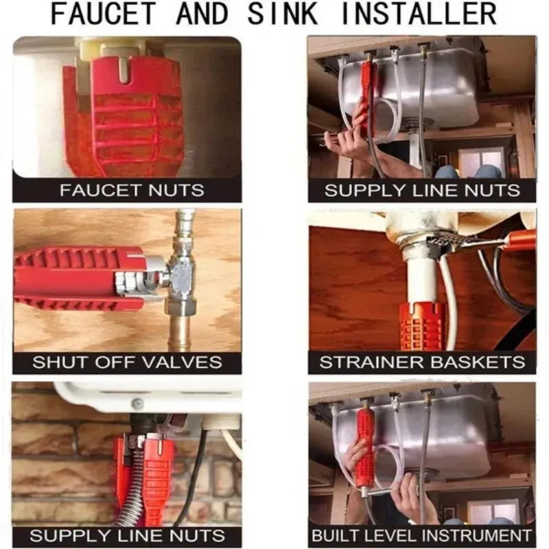 A set of tools for installing faucets and sinks, including faucet nuts, shut off valves, strainer baskets, and supply line nu