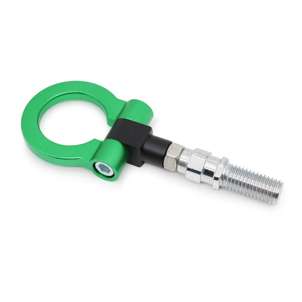 A green universal racing tow hook with a threaded metal attachment.