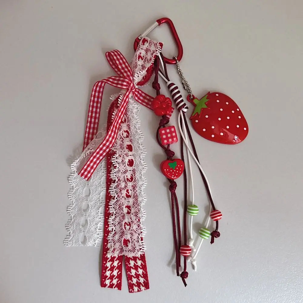 Strawberry Bag Charm Keychain with Ribbon Bow