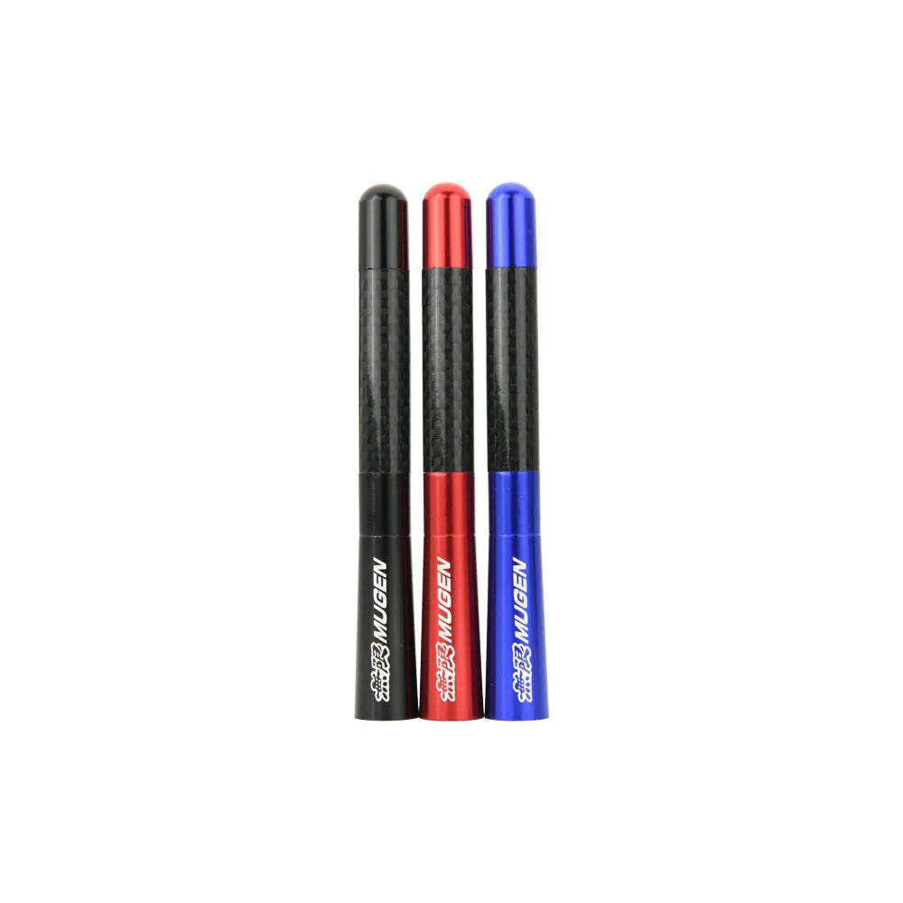 Three short car antennas in black, red, and blue finishes.