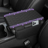 A black diamond quilted car armrest cover with purple LED lights and storage compartment.