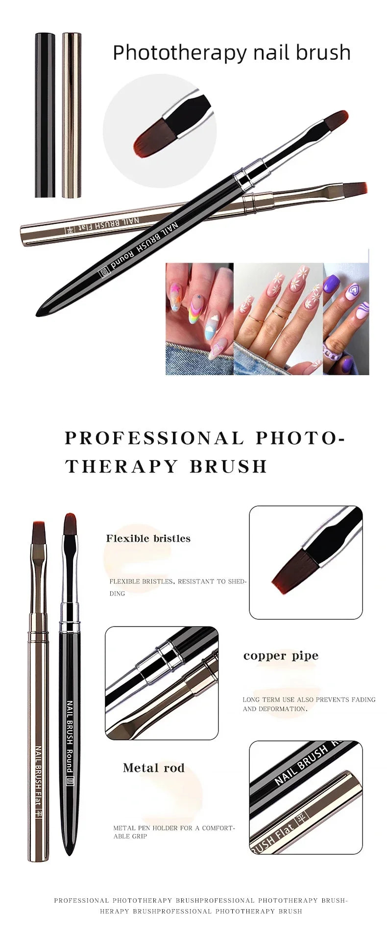 A set of professional phototherapy nail brushes including flexible bristles and a copper pipe for nail art