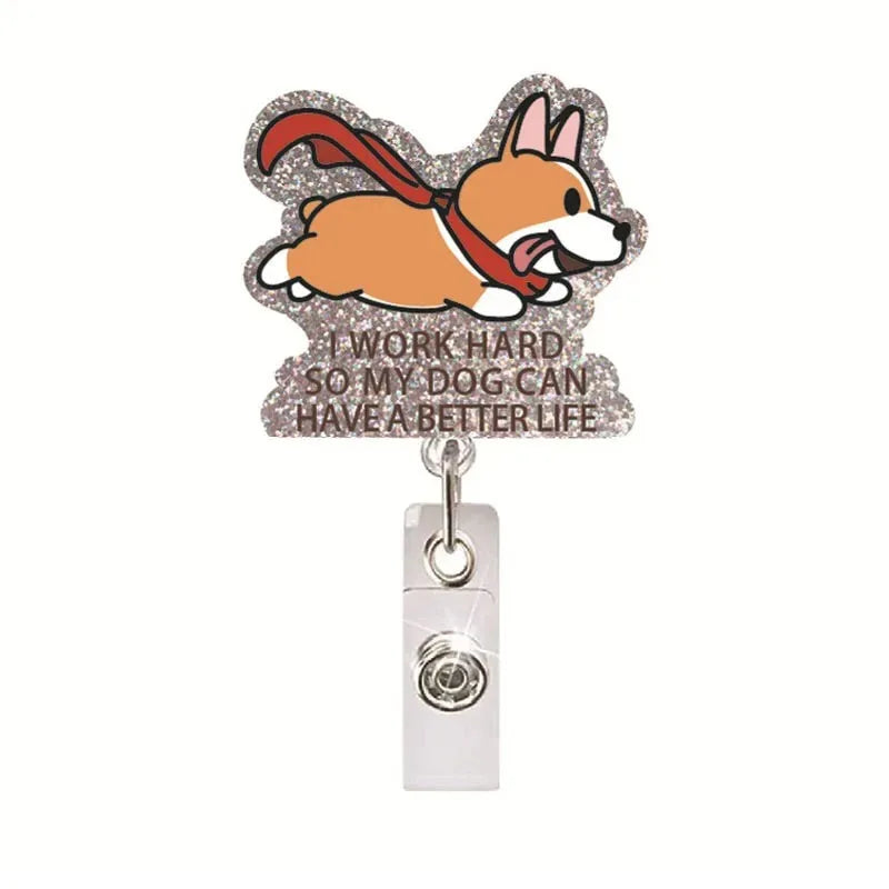 Glitter acrylic badge reel featuring an orange and white dog face design.