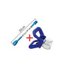 A blue airless paint sprayer extension rod with a silver nozzle and a measurement scale.