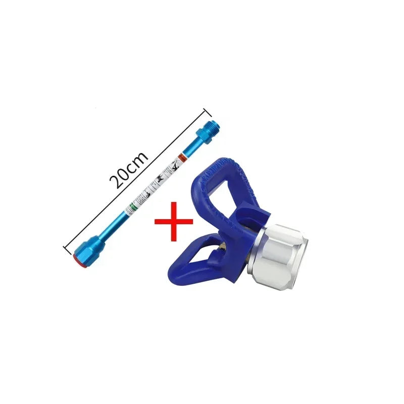 A blue airless paint sprayer extension rod with a silver nozzle and a measurement scale.