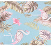 Light blue wallpaper featuring a dense floral pattern of pink and green tropical leaves and flamingos.