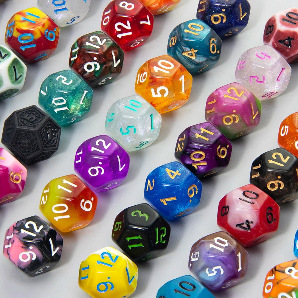 A collection of ten polyhedral dice in various colors and shapes for tabletop role-playing games
