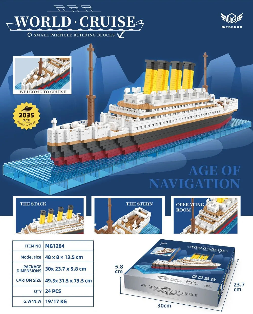 A model kit of a cruise ship built from small plastic blocks, showing various parts and packaging details.