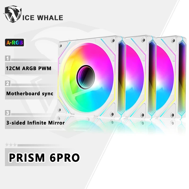 Nahaufnahme eines Prism 6Pro Flüssigkeitskühlers mit mehreren RGB-Lichteffekten und einer dreiseitigen Infinity-Spiegeloberfl