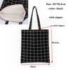 Black checkered canvas tote bag with zipper, measuring 33cm by 36.5cm.
