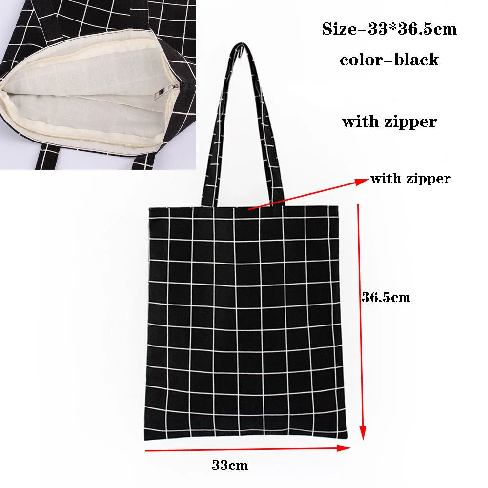Black checkered canvas tote bag with zipper, measuring 33cm by 36.5cm.