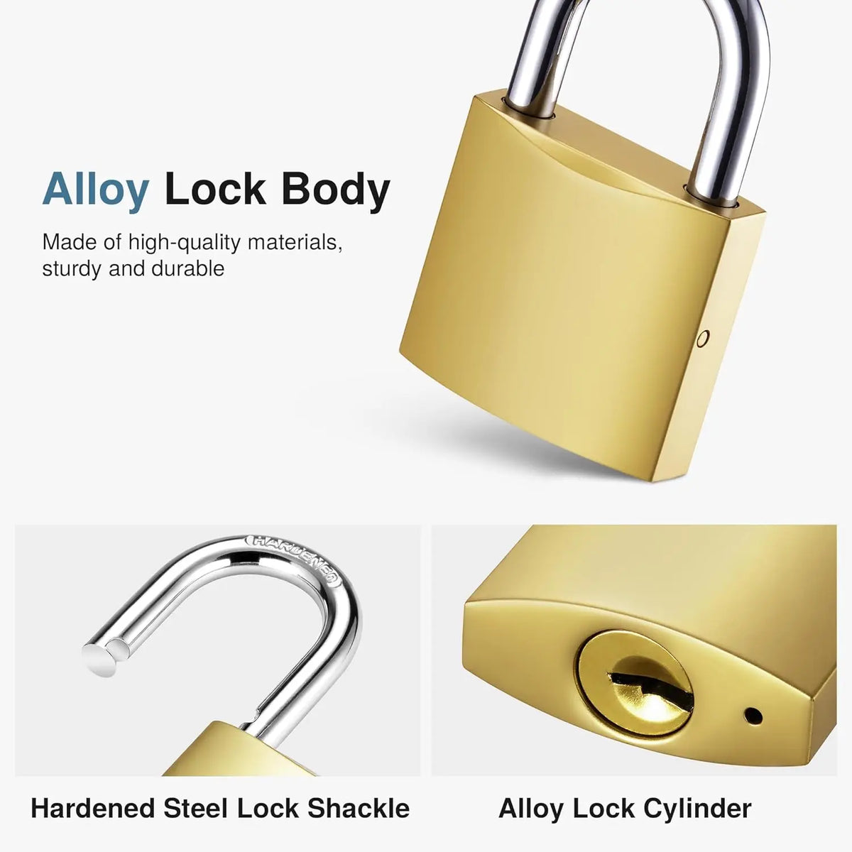 A gold alloy lock body with a silver hardened steel shackle and cylinder.