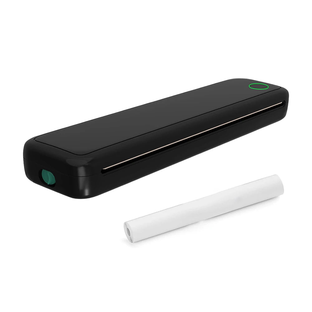 A black portable A4 thermal printer with a white roll of paper lying next to it.