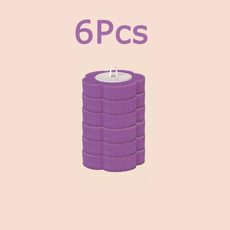 A set of six purple disposable toilet brushes and holders.