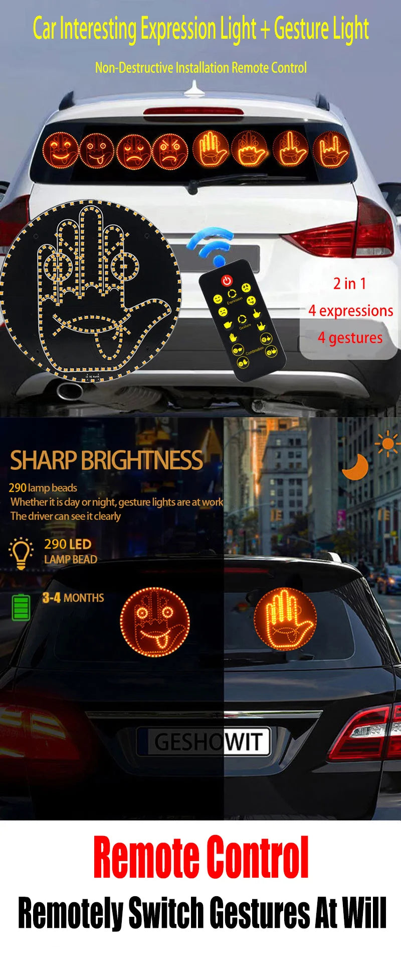 A close-up of a car showing various gesture lights and a remote control device for non-destructive installation.