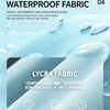 Close-up of a light blue fabric labeled Lycra Fabric showing features like comfort and anti-wrinkle.
