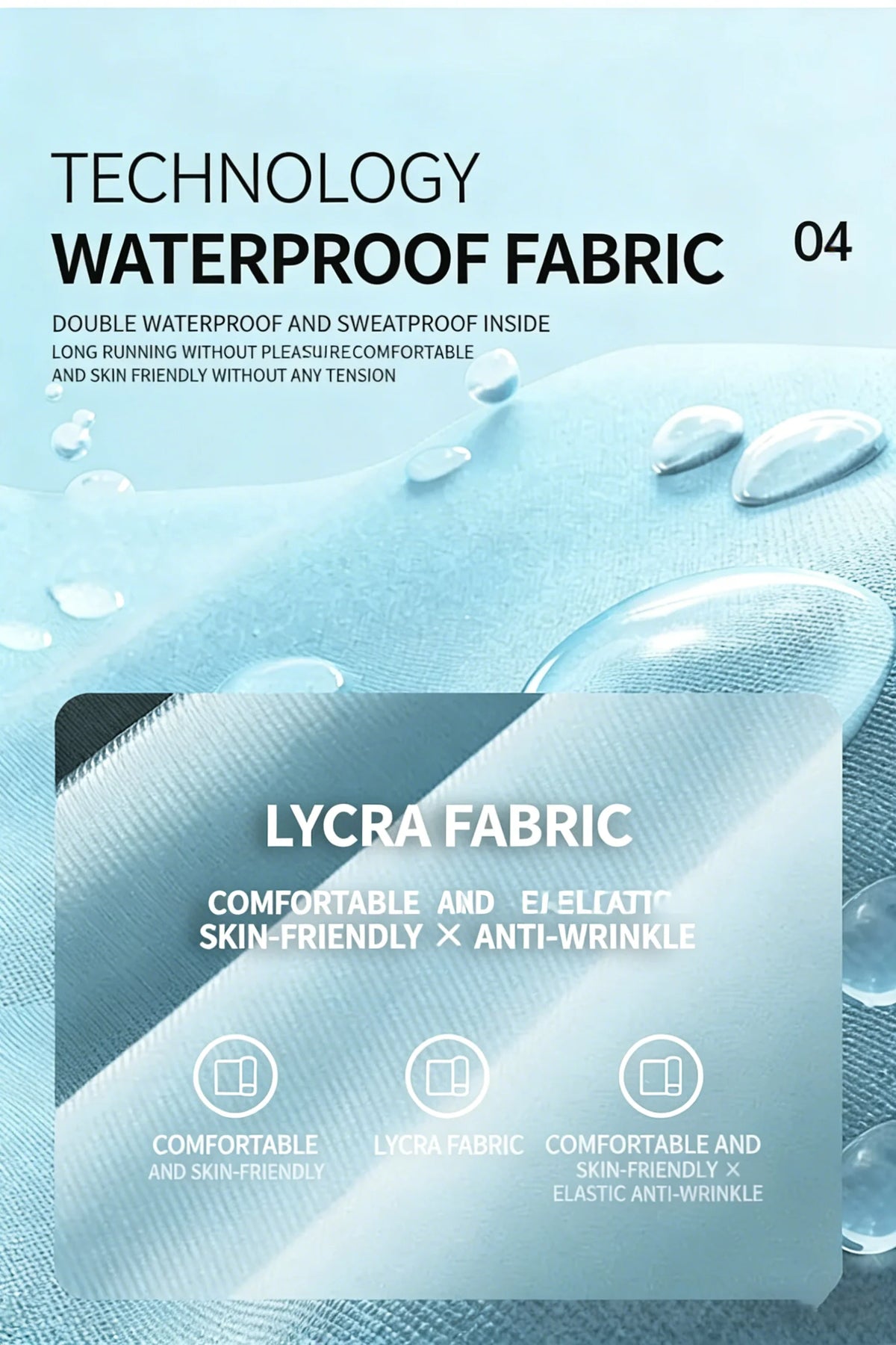 Close-up of a light blue fabric labeled Lycra Fabric showing features like comfort and anti-wrinkle.