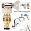 A set of three in one universal joint for garden hose taps and fittings, including a metal adapter and various connectors.